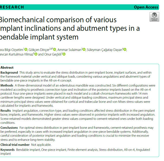 Biomechanical comparison of various implant inclinations and abutment types in a bendable implant system